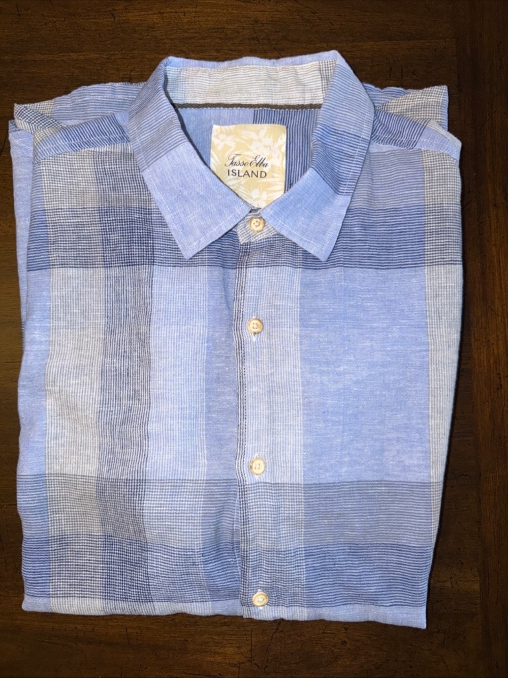 Tasso Elba Island Blue Plaid Short Sleeve, Button Up Shirt XL, Linen Blend
